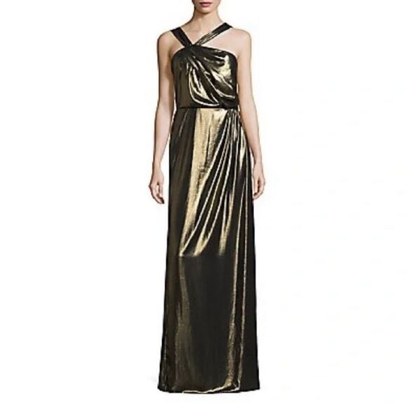 Parker Black Gold Metallic Halter Maxi Gown Asymmetrical Formal Dress 6 - Picture 3 of 16